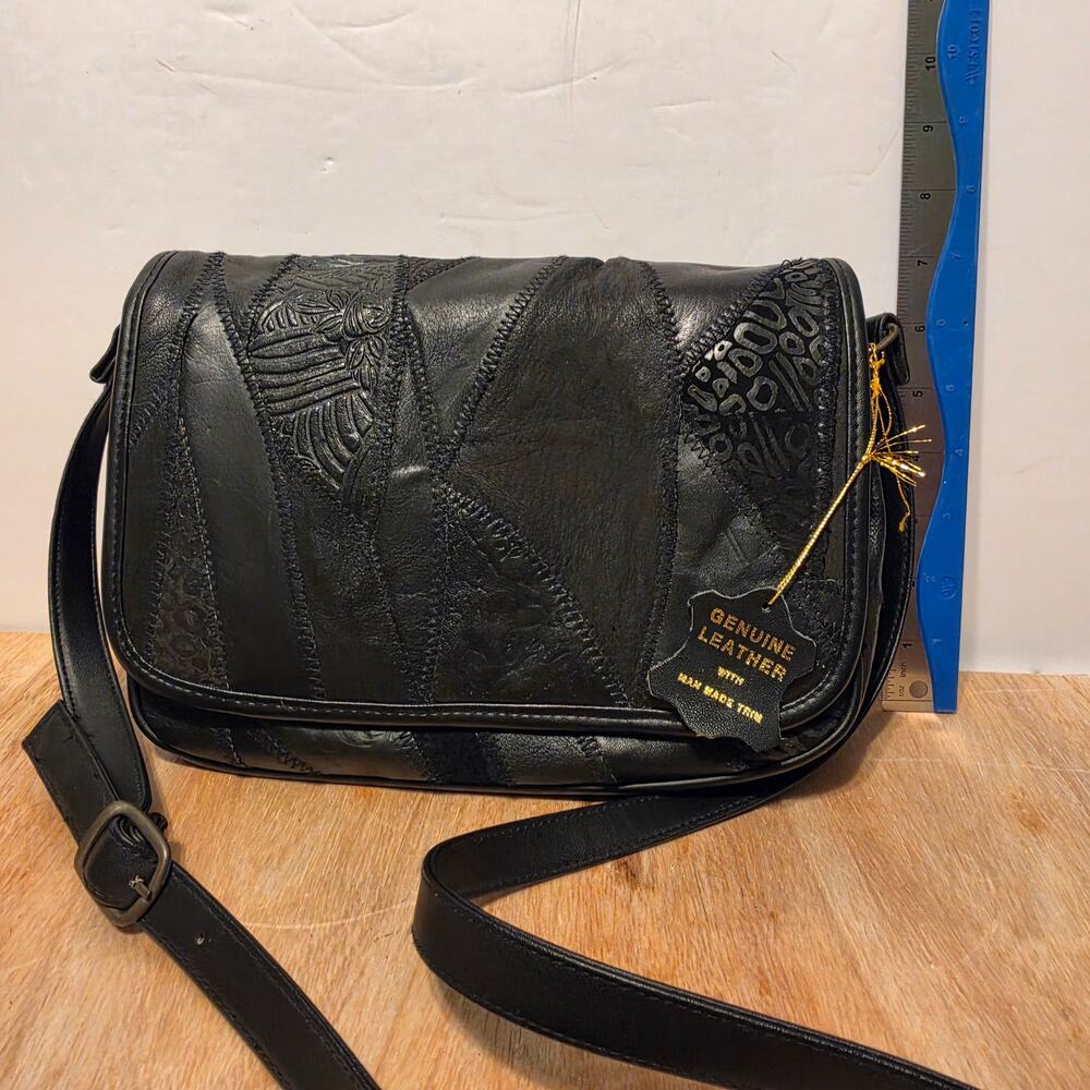 Black Leather Patchwork crossbody bag mixed textured panels flap over style